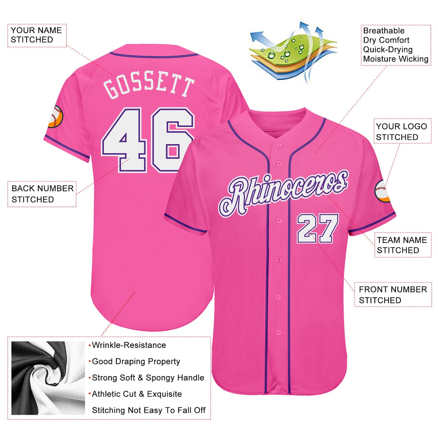 Custom Pink White-Purple Authentic Baseball Jersey - Owls Matrix LTD