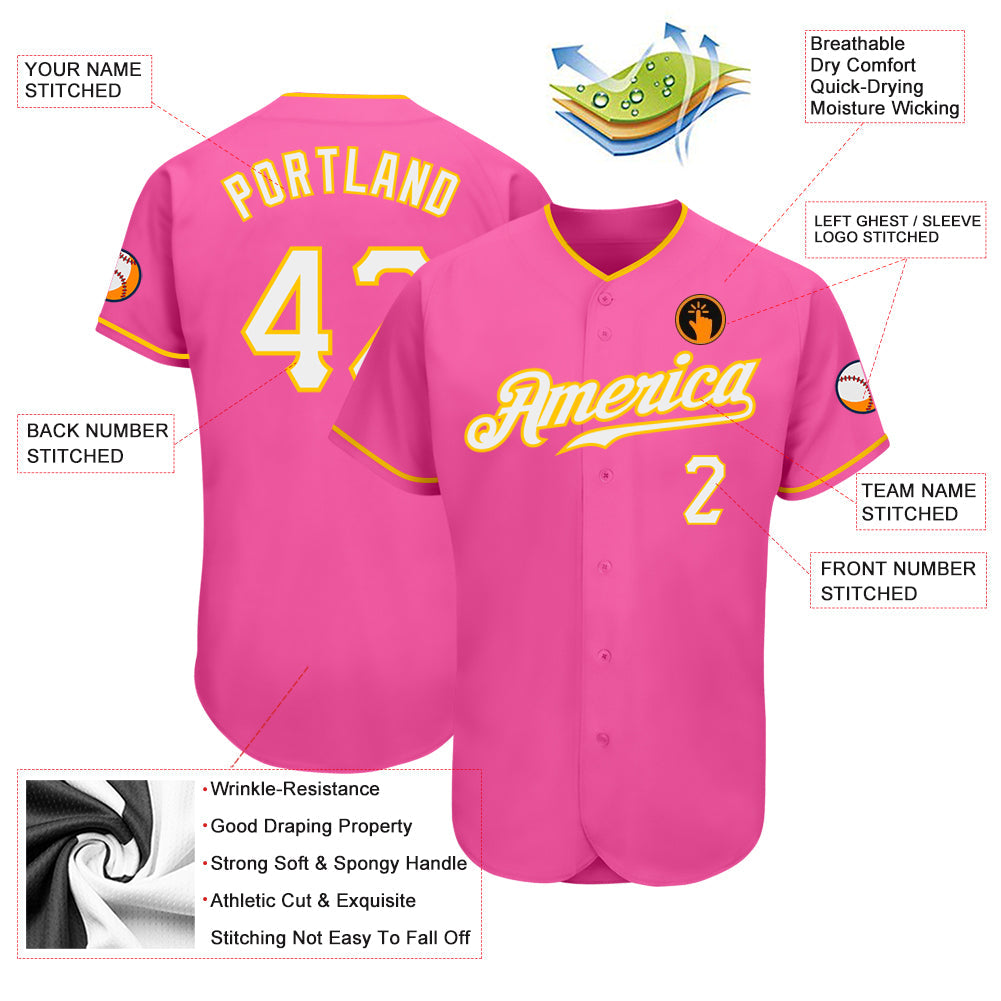Custom Pink White-Gold Authentic Baseball Jersey - Owls Matrix LTD