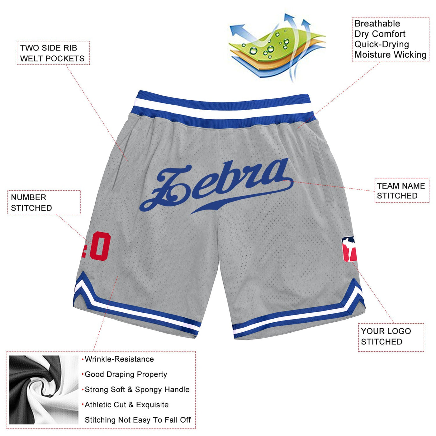 Custom Silver Gray Royal-Red Authentic Throwback Basketball Shorts