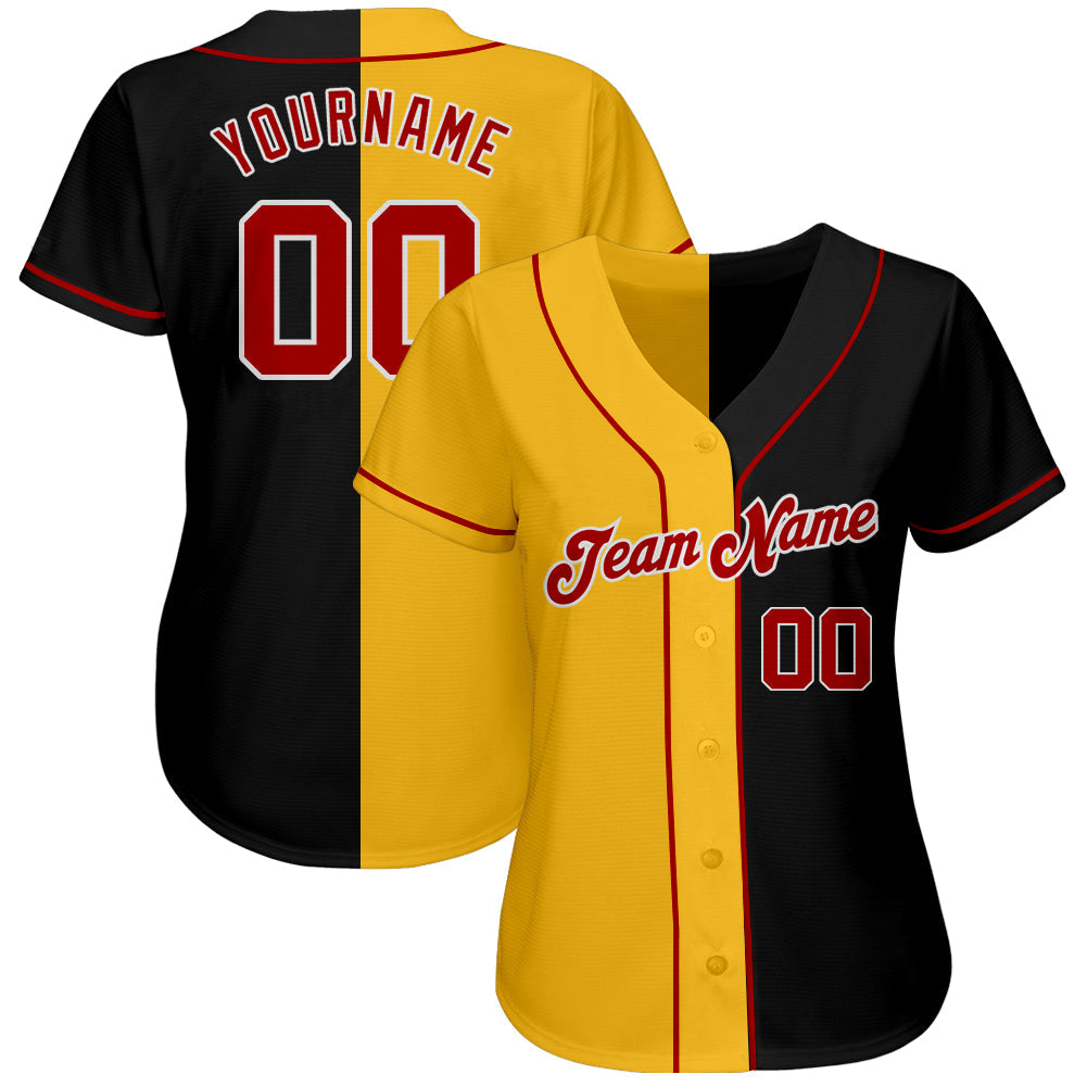 Custom Black Red-Gold Authentic Split Fashion Baseball Jersey - Owls Matrix LTD