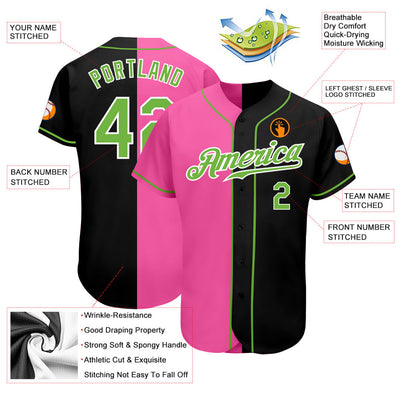 Custom Black Neon Green-Pink Authentic Split Fashion Baseball Jersey - Owls Matrix LTD