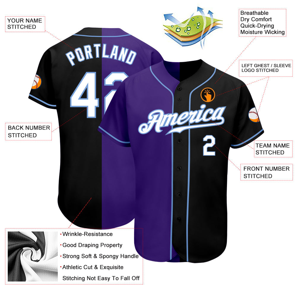 Custom Black White-Purple Authentic Split Fashion Baseball Jersey - Owls Matrix LTD