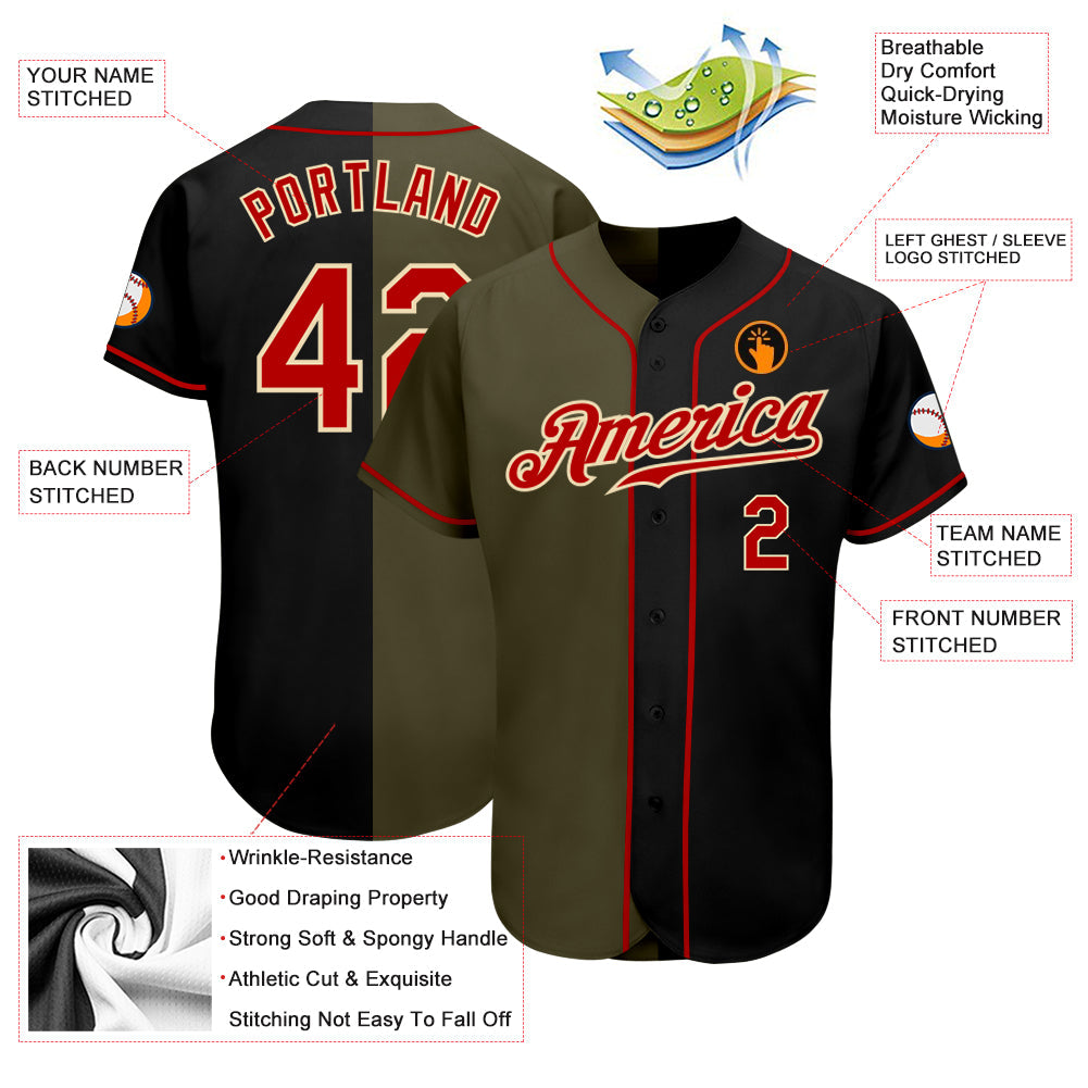 Custom Black Red-Olive Authentic Split Fashion Baseball Jersey - Owls Matrix LTD