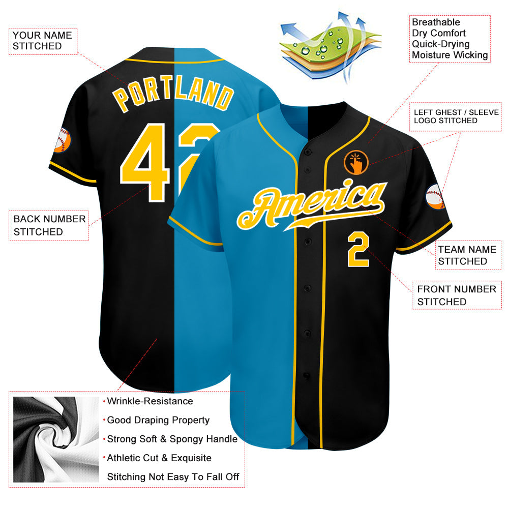 Custom Black Gold-Panther Blue Authentic Split Fashion Baseball Jersey - Owls Matrix LTD