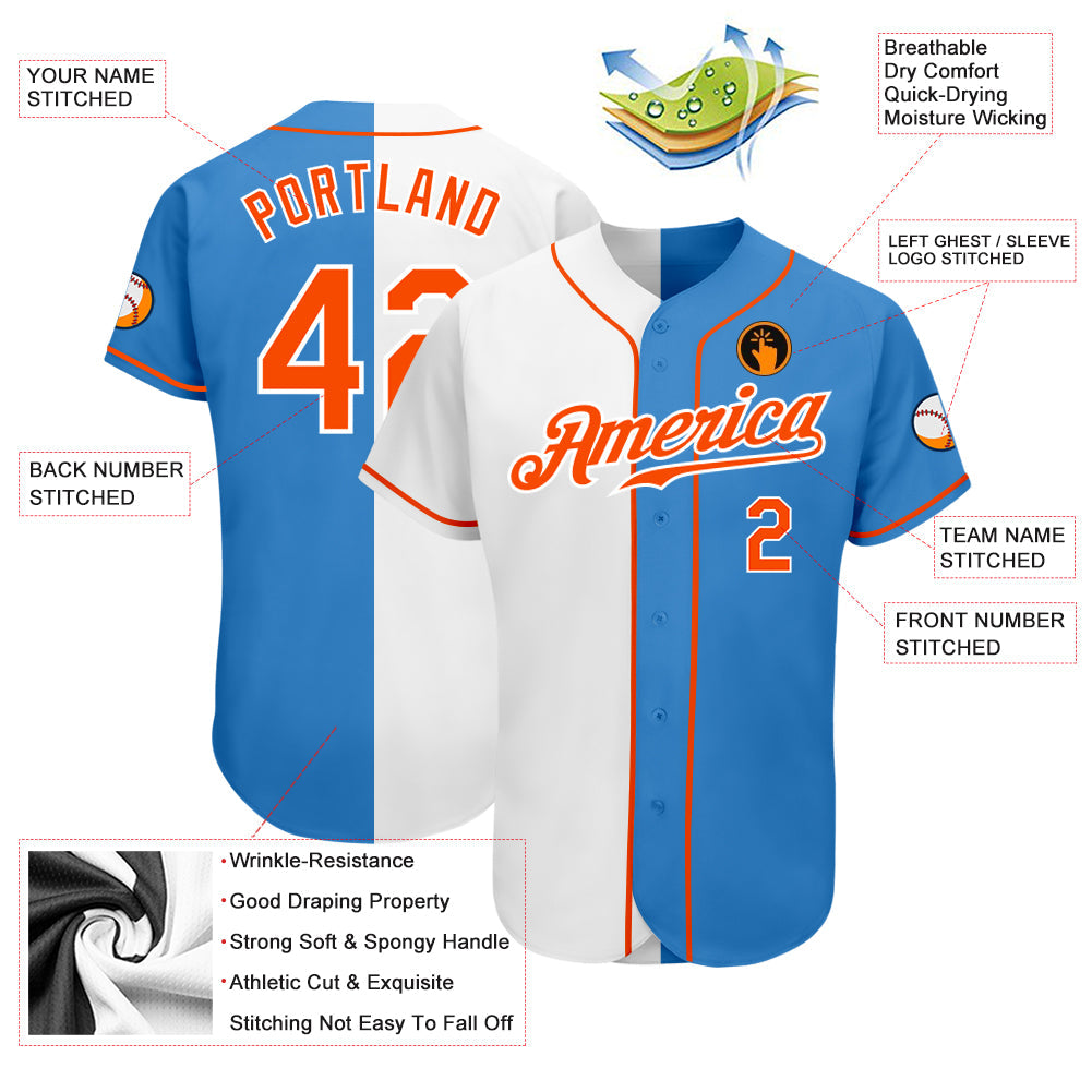 Custom Powder Blue Orange-White Authentic Split Fashion Baseball Jersey - Owls Matrix LTD