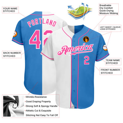 Custom Powder Blue Pink-White Authentic Split Fashion Baseball Jersey - Owls Matrix LTD