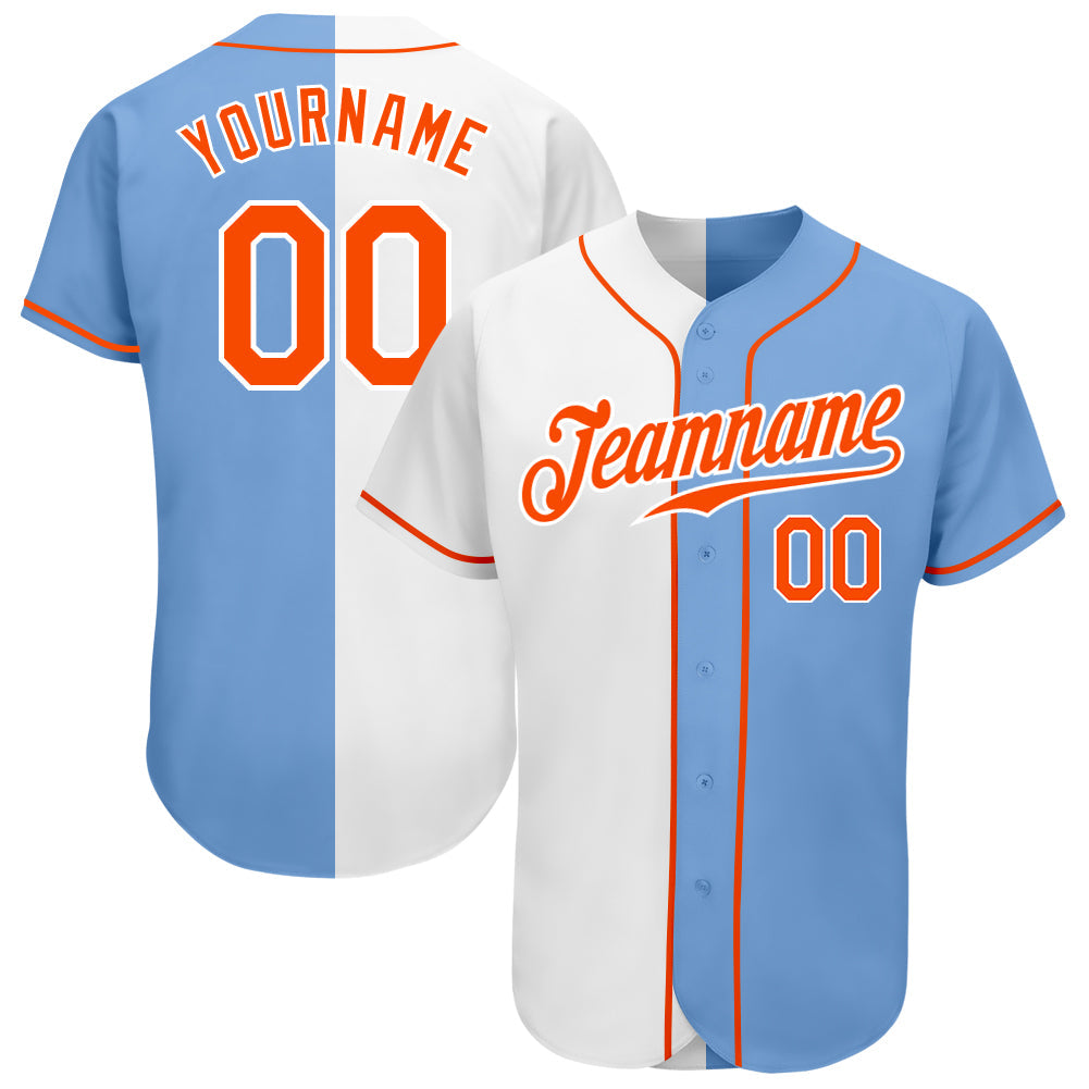 Custom Light Blue Orange-White Authentic Split Fashion Baseball Jersey - Owls Matrix LTD