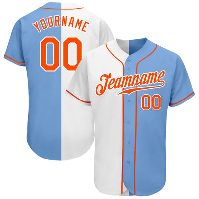 Custom Light Blue Orange-White Authentic Split Fashion Baseball Jersey - Owls Matrix LTD