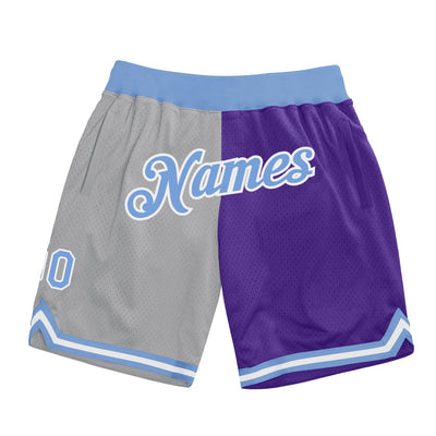 Custom Silver Gray Light Blue-Purple Authentic Throwback Split Fashion Basketball Shorts