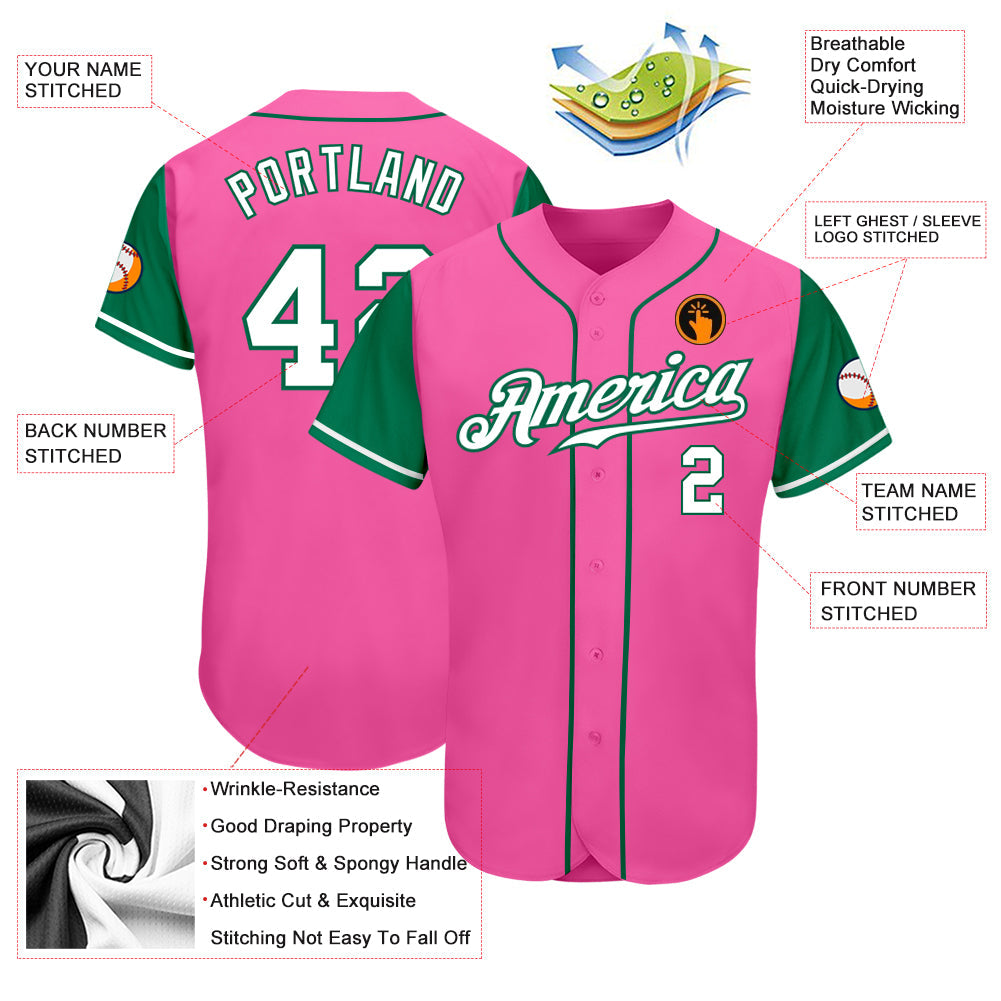 Custom Pink White-Kelly Green Authentic Two Tone Baseball Jersey