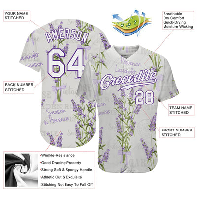 Custom White White-Purple 3D Pattern Design Lavenders Authentic Baseball Jersey - Owls Matrix LTD